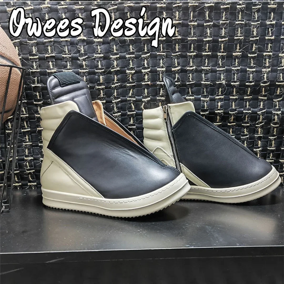 Owees تصميم حذاء رجالي كاجوال عالي الجودة حذاء رياضي أسود حذاء بوت بطول الكاحل Geobasket جلد موضة سميكة وحيد حذاء مسطح بسحاب