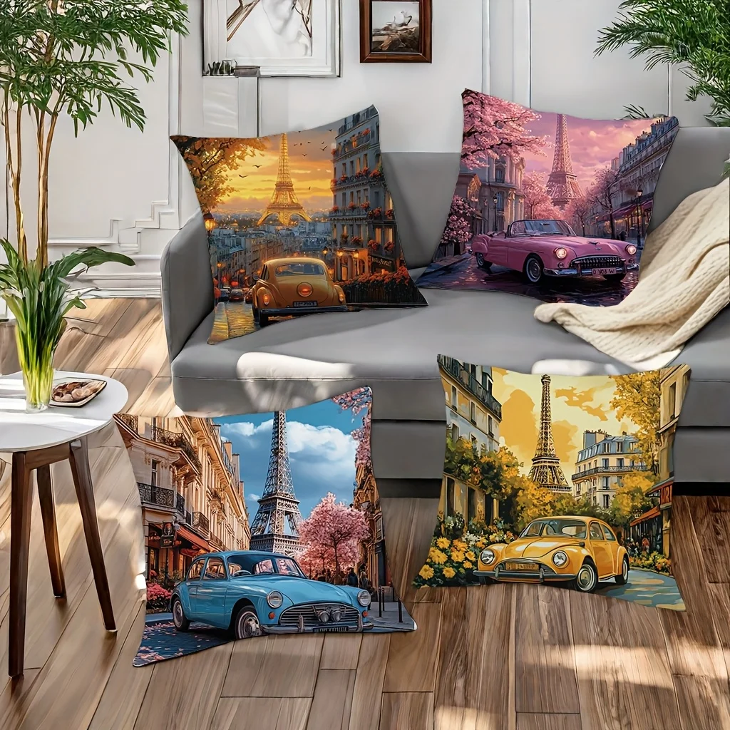 Retro Cars in Paris Street Scenes digital printing pillow cover Short plush Suitable living bedrooms sofas throw cushion cover