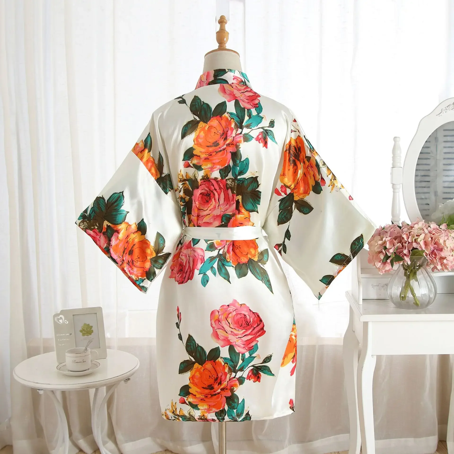 Print Robe Gown V-Neck Women Bride Kimono Bathrobe Nightgown Homewear Summer Satin Wedding Sleepwear Nighty Dress Loungewear