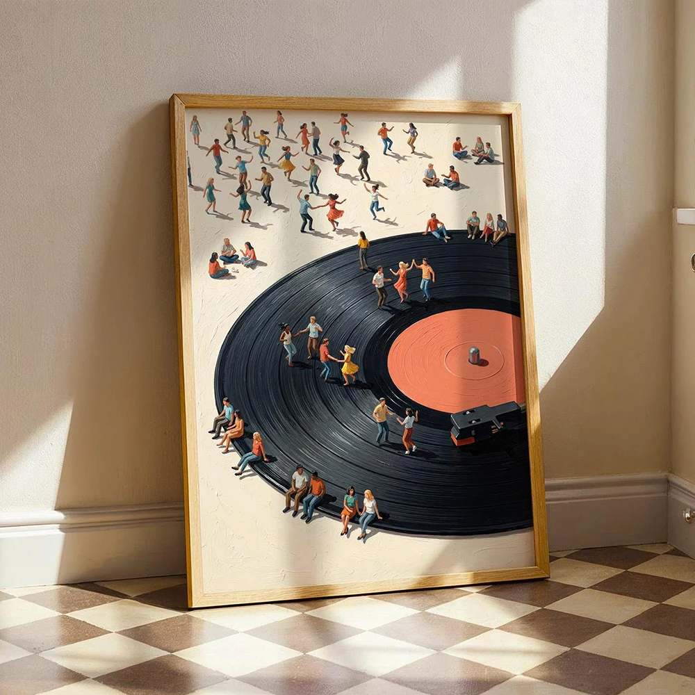 Vinyl Record Player Art Print Retro Music Lover Poster with Dancing Figures Canvas Pictures Home for Living Bedroom Wall Decor