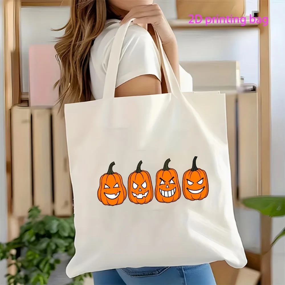 1 Reusable Shopping Bag with Scary Jack Pumpkin Print, Lightweight and Foldable Halloween Tote Bag, with a Cute Carved Pumpkin Face Design, Suitable for Autumn and Halloween Enthusiasts, Perfect for Trick-Or-Treating, Holiday Events, and Gift-Giving, the Perfect Choice for the Halloween Season
