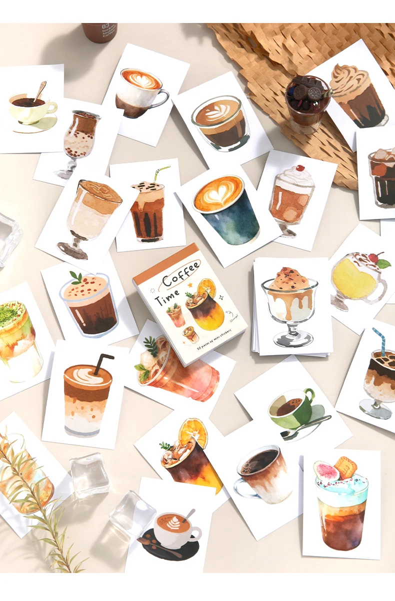 50 Stück Aquarell-Getränke-Kupferstich-Aufkleber, Sommer-Cocktail- und Dessert-Scrapbooking-Sticker – Detail 6
