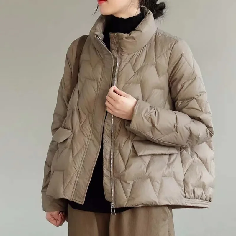 Warm Down Jacket Winter Short White Duck for Women's Glossy Loose Standing Collar Parker Coat F209