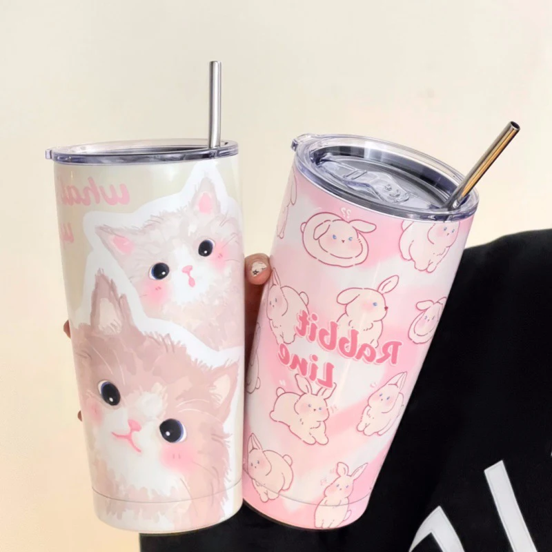 

Kawaii Cat Thermos Cups Tumbler For Hot Cold Coffee Tea Cute 550ml Sainless Steel With Straw Insulated Thermal Cup Water Bottle