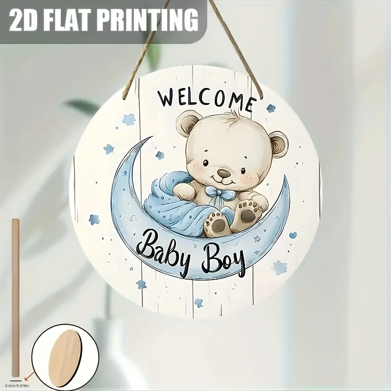 Decoración de Pared 2D Plana, 1 Pieza, Osito de Peluche y Estrella Creciente/Nebulosa para Bebé - Letrero Rústico de Madera Reciclada para Cuarto de Bebé con Diseño de Luna Nueva