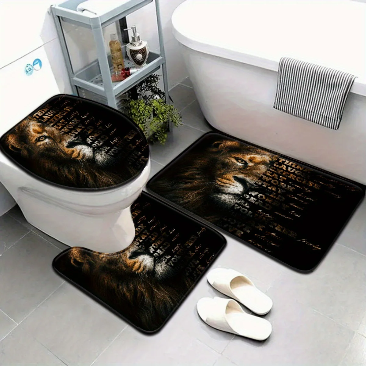 

3pcs Mysterious Lion Bathroom Rug Set Non-Slip U-Shaped Mat and Toilet Lid Cover Animal Theme Washable Indoor Floor Mats