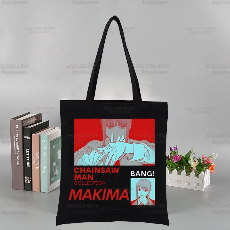 Anime motosserra homem mangá preto saco de lona grande capacidade makima pochita denji armazenamento bolsa ombro tote estudante bookbag