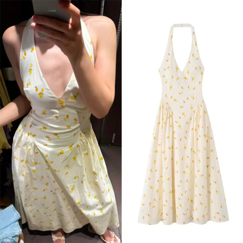 

Women's Dress 2026 Summer New Style Light Yellow Printed Halter Neck A-Line Sexy Long Dress Beach Vacation