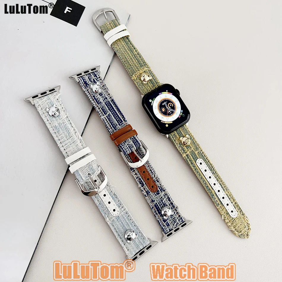 Denim Leather Strap For Apple Watch Band Ultra 49mm 45mm 44 42mm 38 40 41mm Cute 3D Bear Bracelet Iwatch Series 9 8 7 6 SE 5 4 3