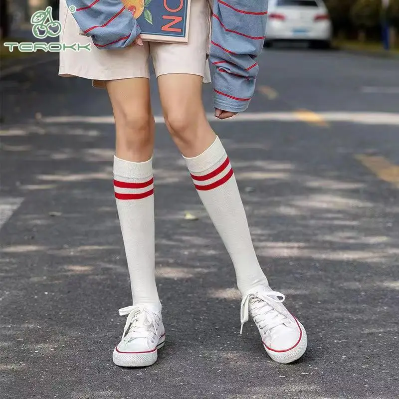 Japanese Style Women Solid Color Striped Cotton Calf Socks Female Casual High Tube Socks Warm Long Knee High Socks JK Socks New