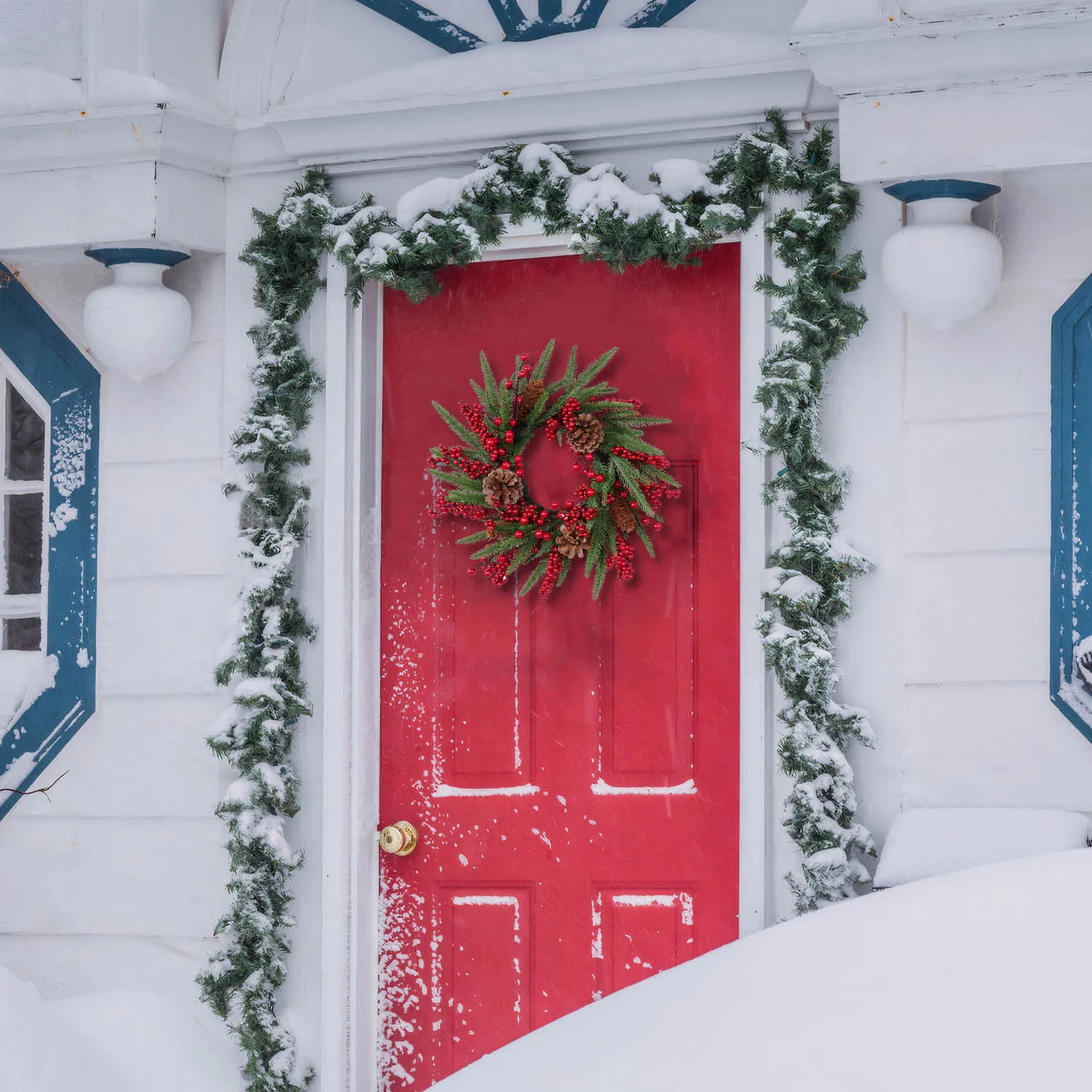 48cm Christmas Wreath Christmas Decoration Front Door Wreath Pinecone Decor Red Berry Vine Garden Wall Door Home Party Decor