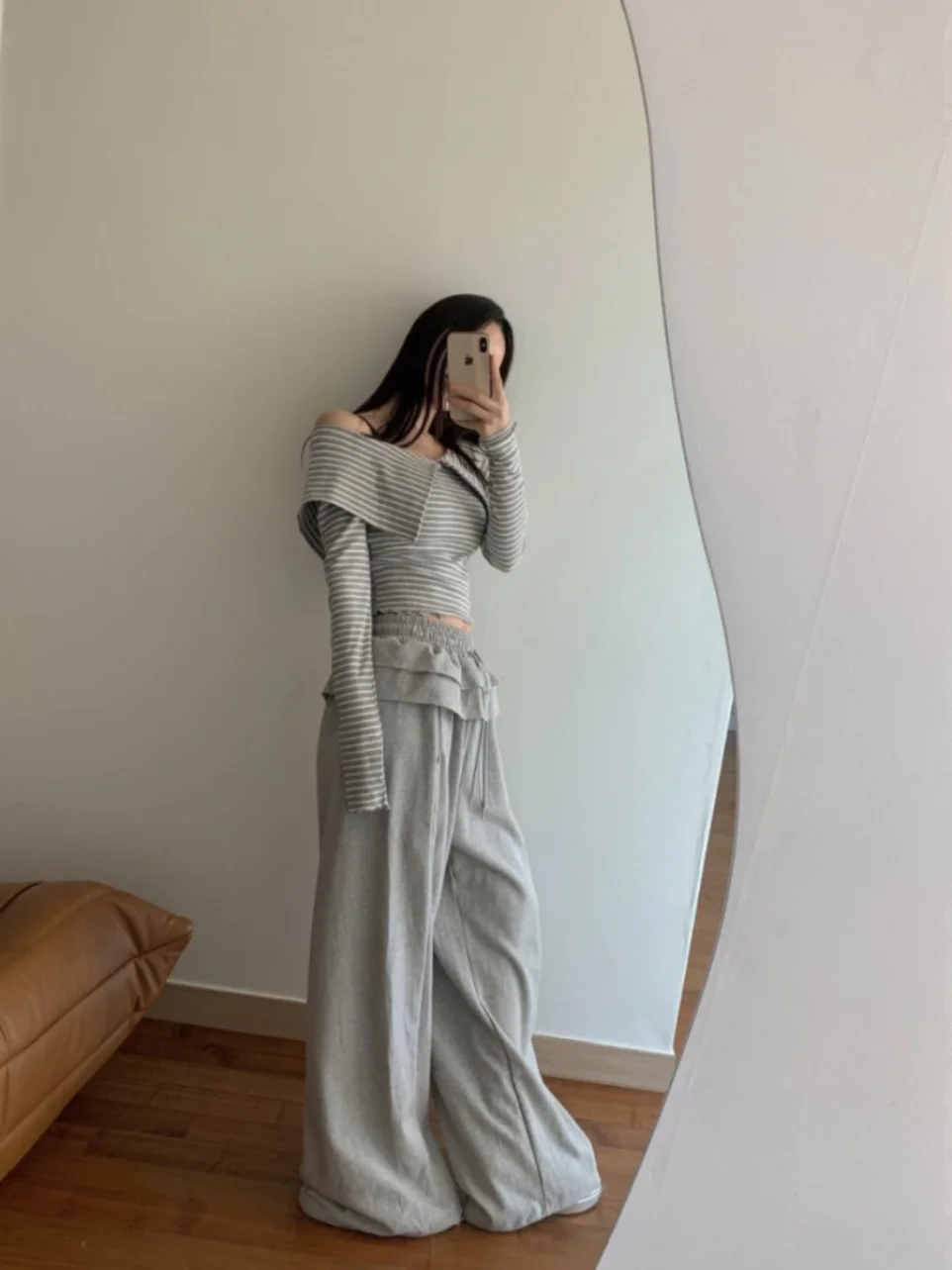 Casual Pleated Women's Pants with Ruffle Waist Dstring Loose Slimming Straight Leg Anti-Aging Floor-Length Sweatpants