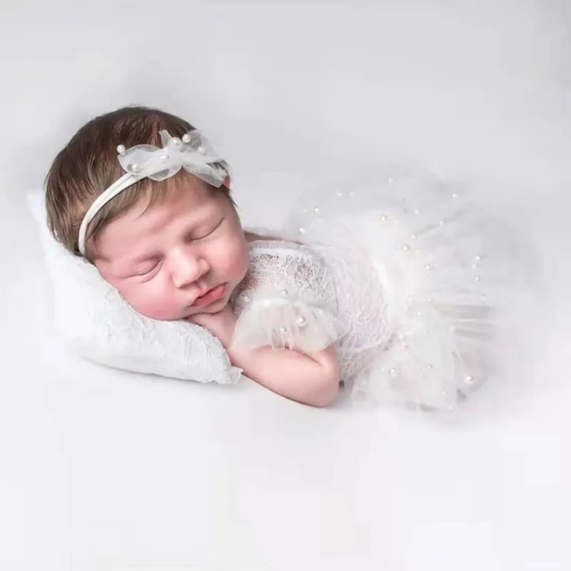 ❤️Newborn Photography Clothing Bow Pearl Headband+Romper+Skirt 3Pcs/set Studio Baby Girl Photo Prop Accessories Shoot Clothes
