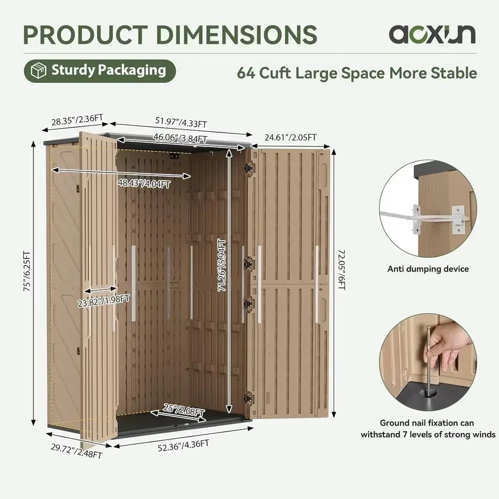 Large 64 Cu.ft Waterproof Outdoor Storage Shed for Garden Tools and Pool Equipment in Brown