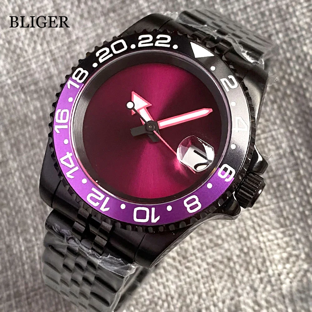 BLIGER 200M Waterproof NH35A Movement Automatic Diver Watch Men Purple Dial PVD Case Jubilee Bracelet