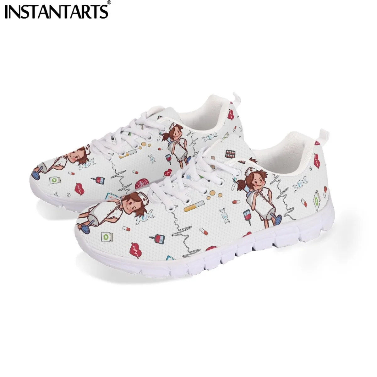 INSTANTARTS Women Lace Up Nurse Shoes Syringe Medical Heartbeat Pattern Female Casual Mesh Flats Sneaker Girls Zapatillas Mujer