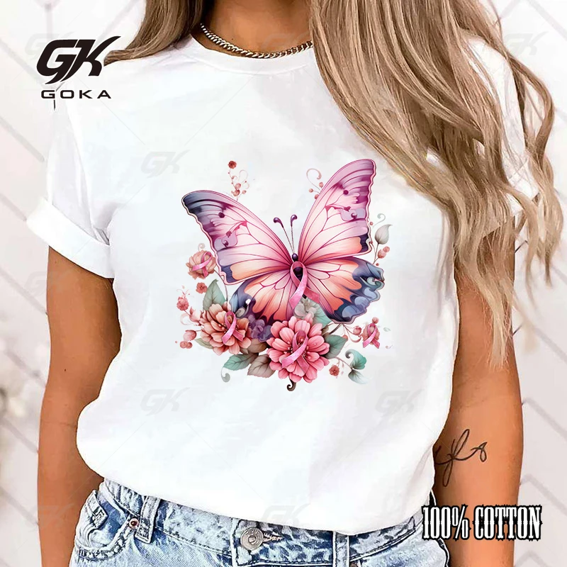 Fashion Funny Breast Cancer Awareness Butterfly Printed T-Shirts Women Summer Casual Short Sleeve Top Tee