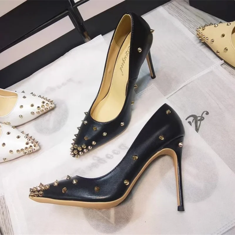 

Spring and summer new pointed shallow leather rivet single shoes thin high-heeled banquet dress large size small size women shoe