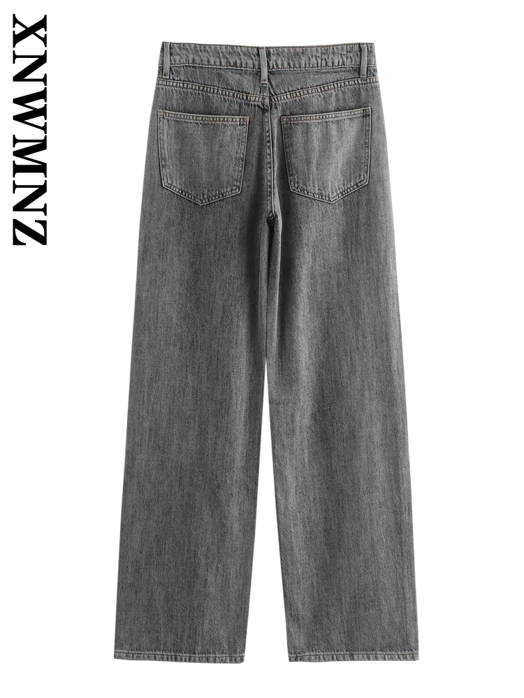 XNWMNZ 2024 New Autumn Woman's Casual Ruffles Loose Fit Button Jeans Female Fashion High Waist Solid Color Straight Long Pants