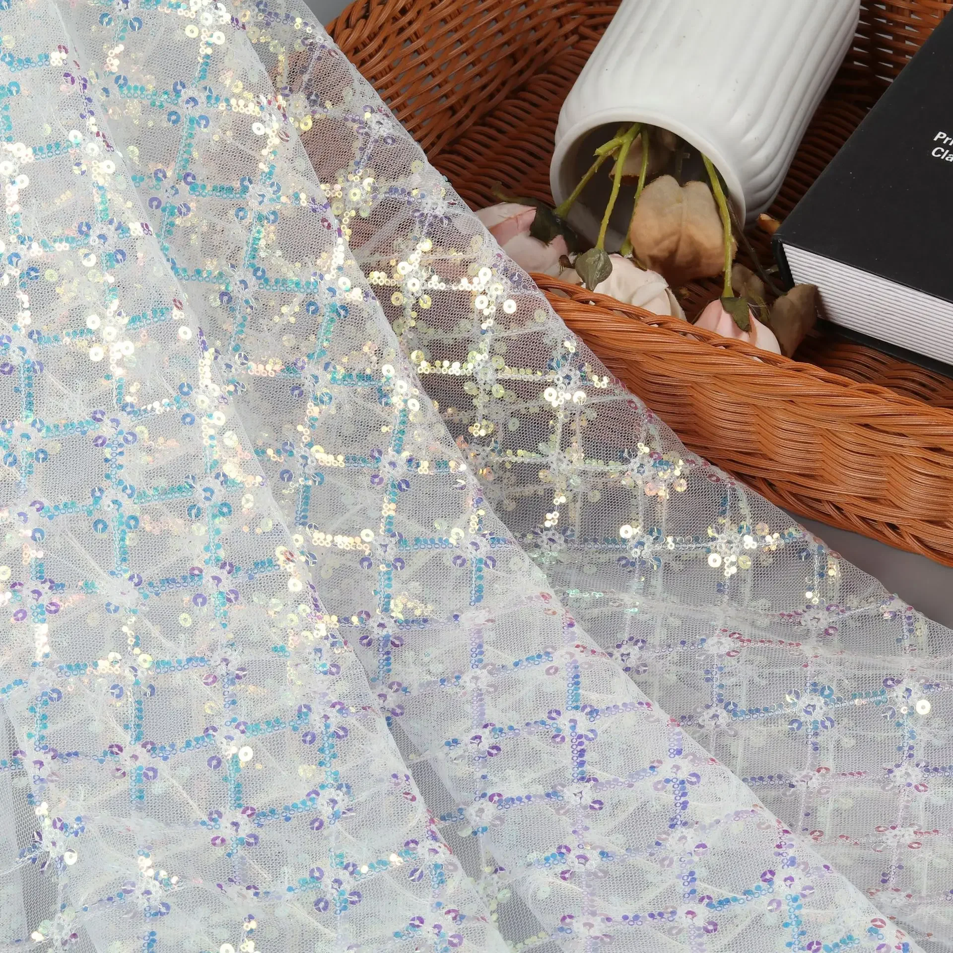 Ultra-flashy plaid laser sequin lace embroidered mesh fabric for dresses, background fabric sewing material