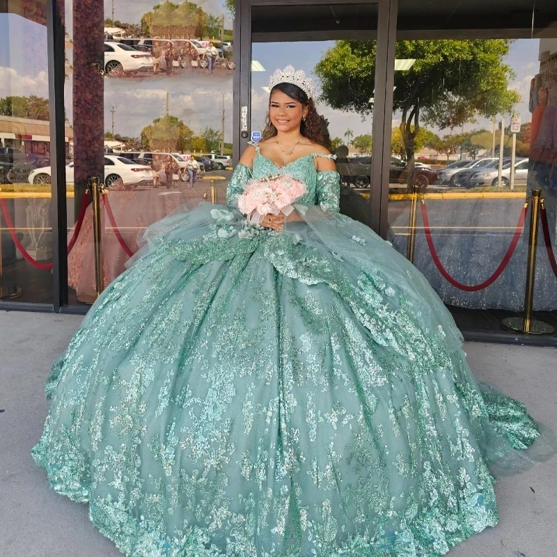 

Mint Green Shiny Princess Quinceanera Dress Bride Robe Ball Gown Floral Appliques Lace Tull Bridal Dresses Vestidos 15 De Novia