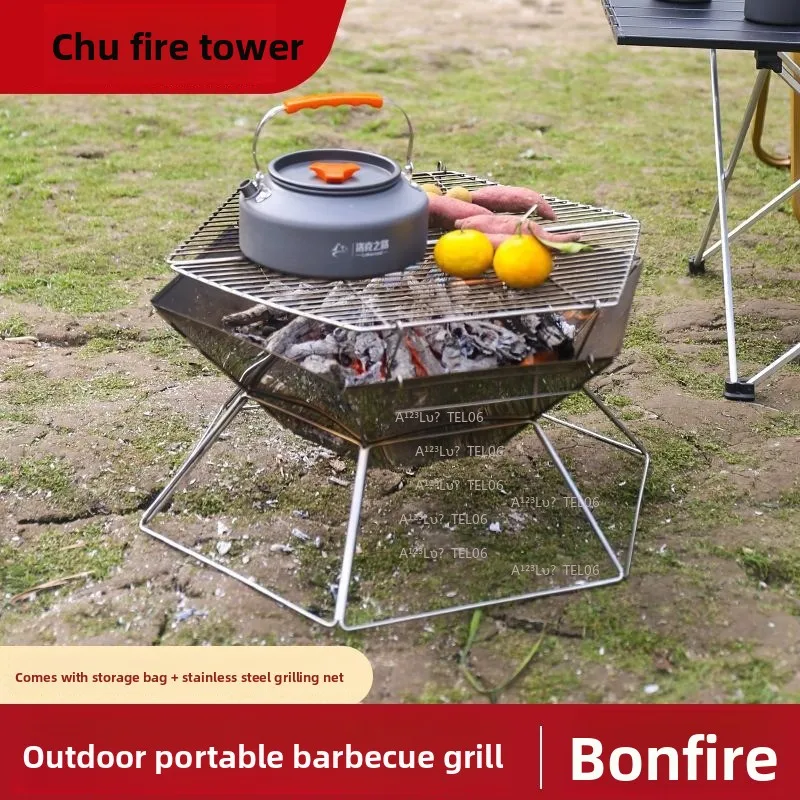 Stainless Steel Camping Wood Stove Hexagon Fire Pit Foldable Portable BBQ Grill Outdoor Cooking