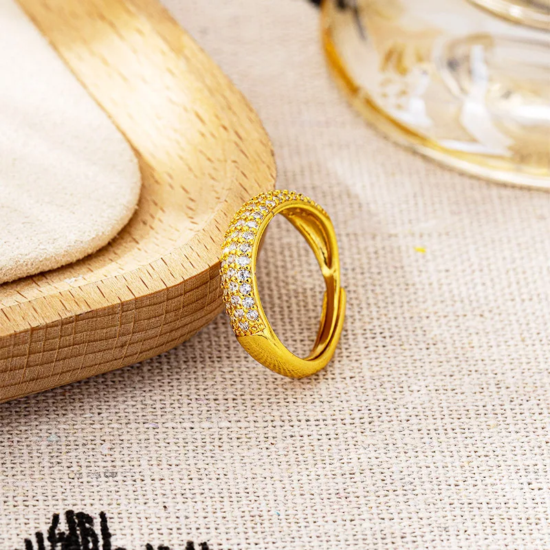 24K Gold Light Luxury Diamond-Inlaid Starry Open Index Ring Women AU999 - 24K crafted, sparkling diamonds, adjustable open