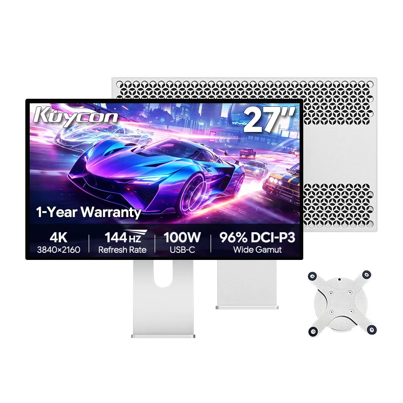 27 Inch 4K Gaming MonitorKuycon P27D Glossy 144Hz PC Display 99%sRGB 96%DCI-P3 100W Reverse Charging Computer Monitor HDR Height Angle Adjustable Desktop Screen For Designer Laptop (Honeycomb With Stand)