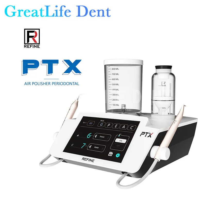 

Стоматологический сенсорный прибор GreatLife Dent Refine PTX, сочетает в себе ультразвуковой и воздушный полировщик, пародонтальная хирургия и воздушный полировщик