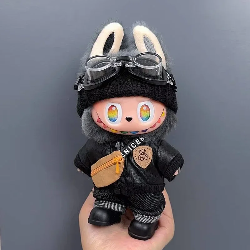 

15/17 см кукла Labubu 1-го 3-го поколения, комплект уличной одежды-карго, вязаная шапочка-авиатор, очки, кожаная куртка, модная сумка через плечо