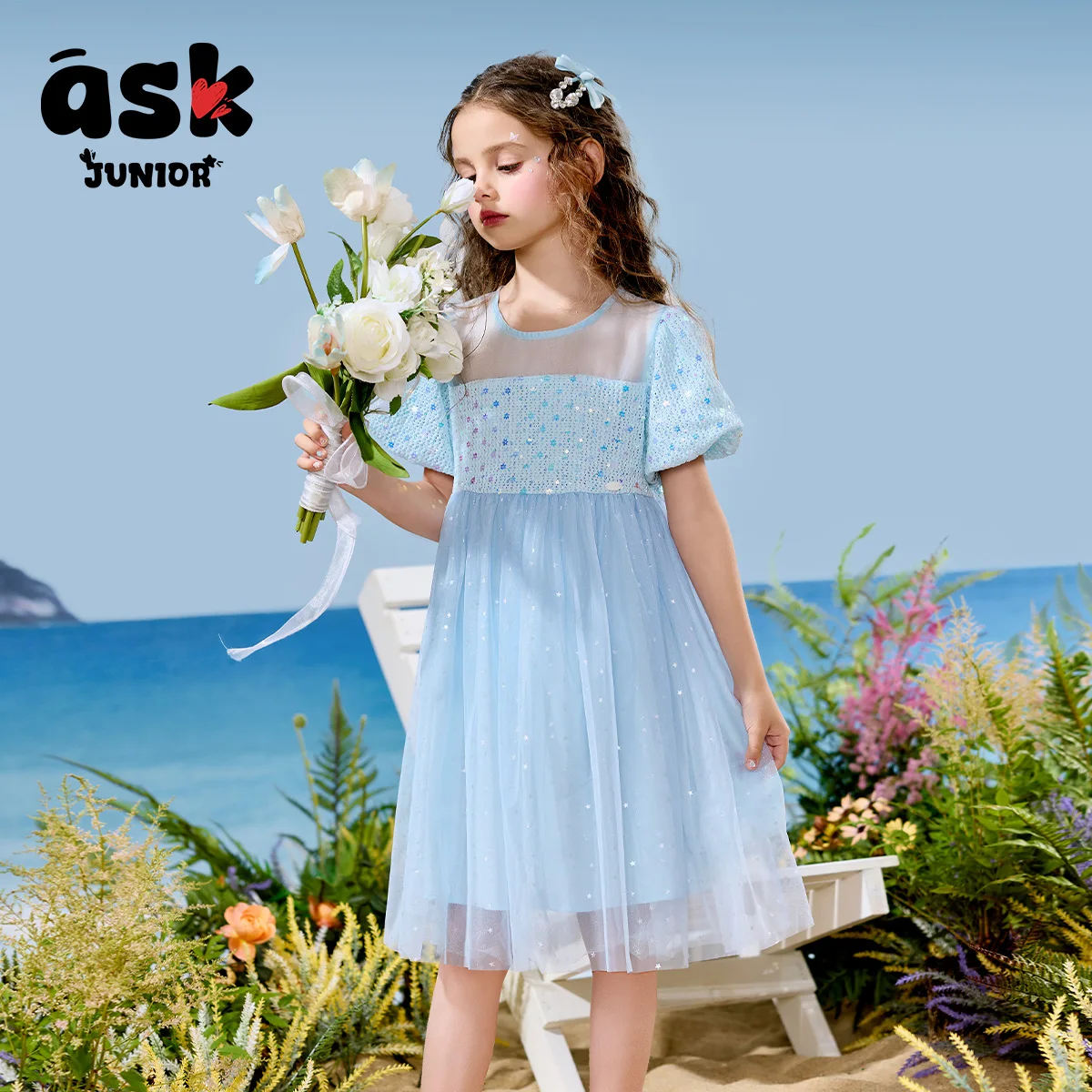 فستان الأميرة الصيفي للفتيات الصغيرات ذو الأكمام الشبكية المنفوشة بالترتر #6