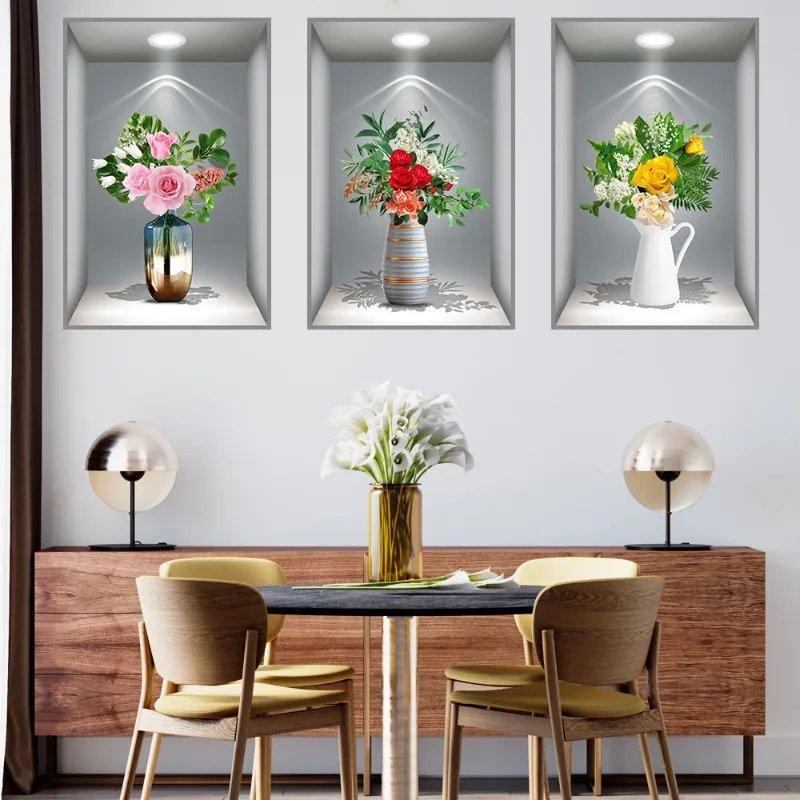 3D Simulation of Plant and Flower Effects Self-adhesive Potted Plant Stickers Corridor and Staircase Decoration Painting