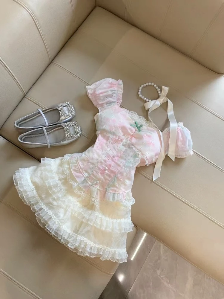 

Off Shoulder Sweet Kawaii Patchwork Slim 2-piece Set Women Summer Thin Lace Print Tops + High-waist Design Short Skirt Suit New