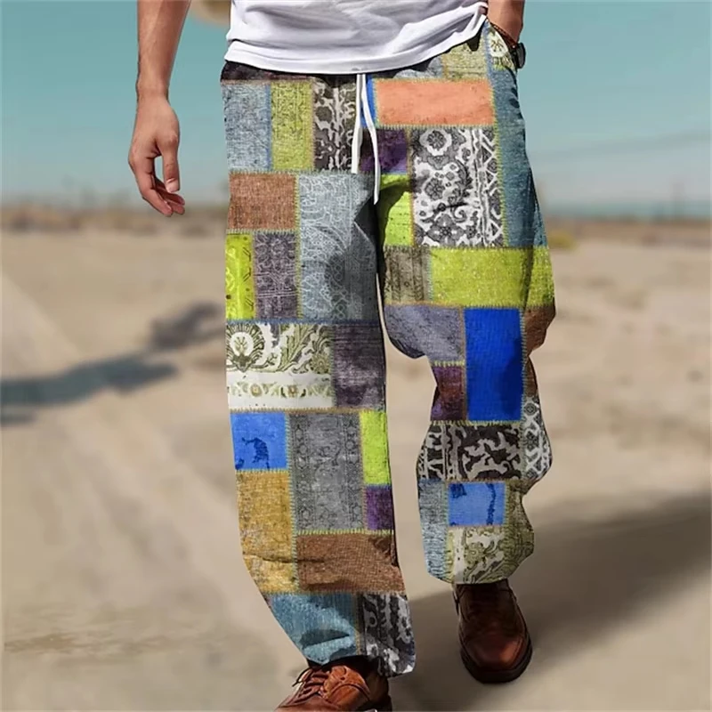 2026 New Casual Men's Fashionable Straight Leg Pants with 3D Color Blocking Printing Retro Style Outside Beach Vacation Pants