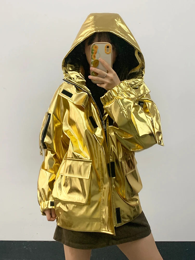 Nerazzurri Spring Oversized Cool Silver Gold Blue Shiny Reflective Patent Pu Leather Jacket Women with Hood Unisex Y2K Clothes