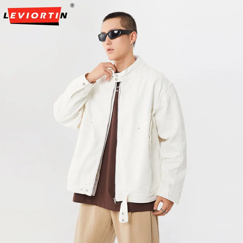 

Men's Japanese Biker Jacket Fall Vintage Washed Denim Asymmetric Zipper High Street Oversized Unisex Style Urban Streetwear Coat