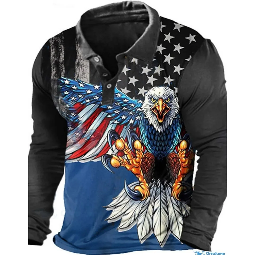 

Men's Eagle Flag Long Sleeve Polo Shirt Lapel Sports Leisure Outdoor Retro Polos Wear Button Spring Autumn Winter Men's clothing