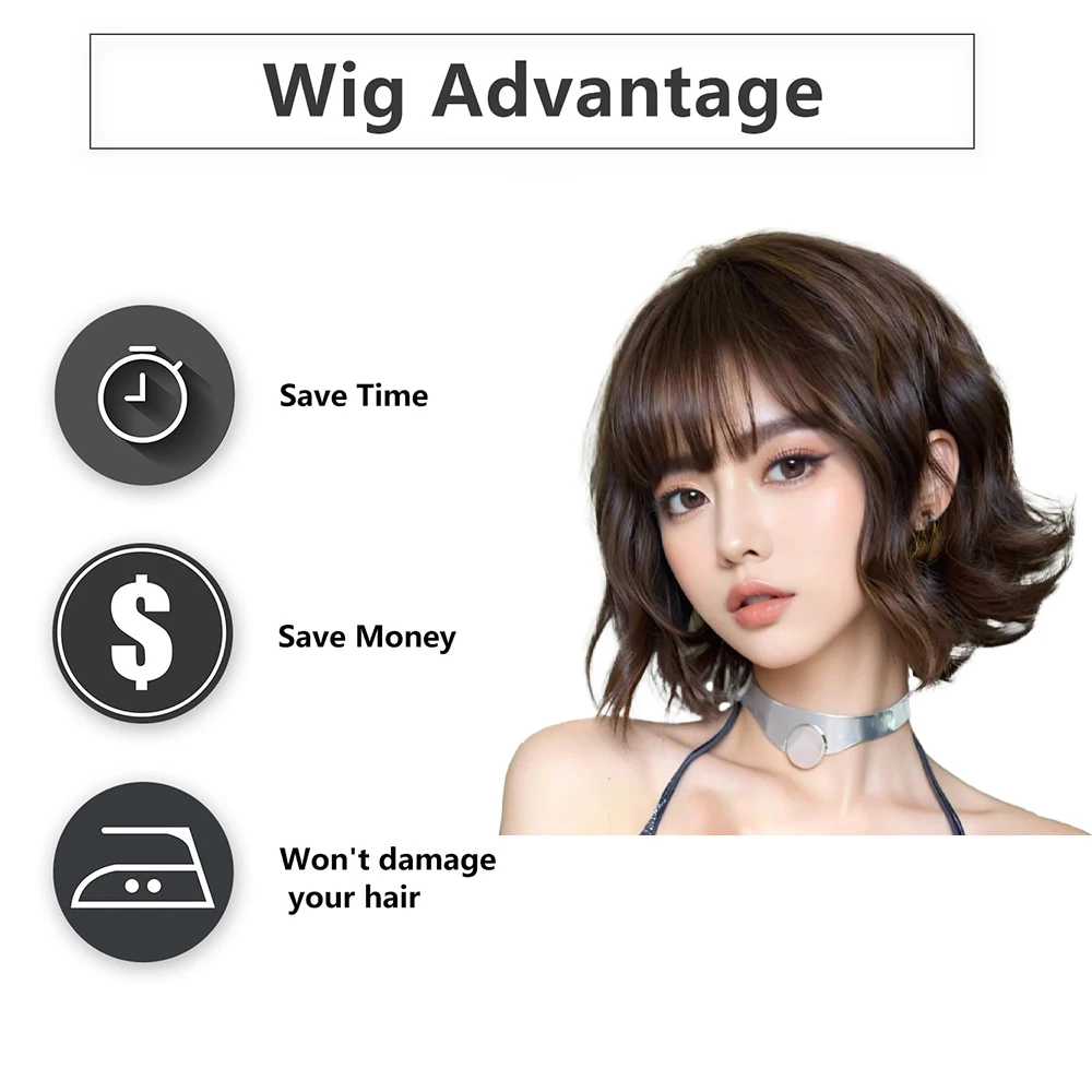 شعر صناعي مجعد قصير بطول 12 بوصة، أسود، بني، بني بارد مع غرة مناسبة للحفلات اليومية النسائية، شعر مستعار مموج طبيعي منفوش