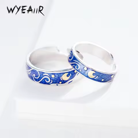 WYEAIIR 925 Sterling Silver Van Gogh Starry Sky Couple Ring Sweet Romantic Gift Resizable Opening Ring For Women Luxury Jewelry