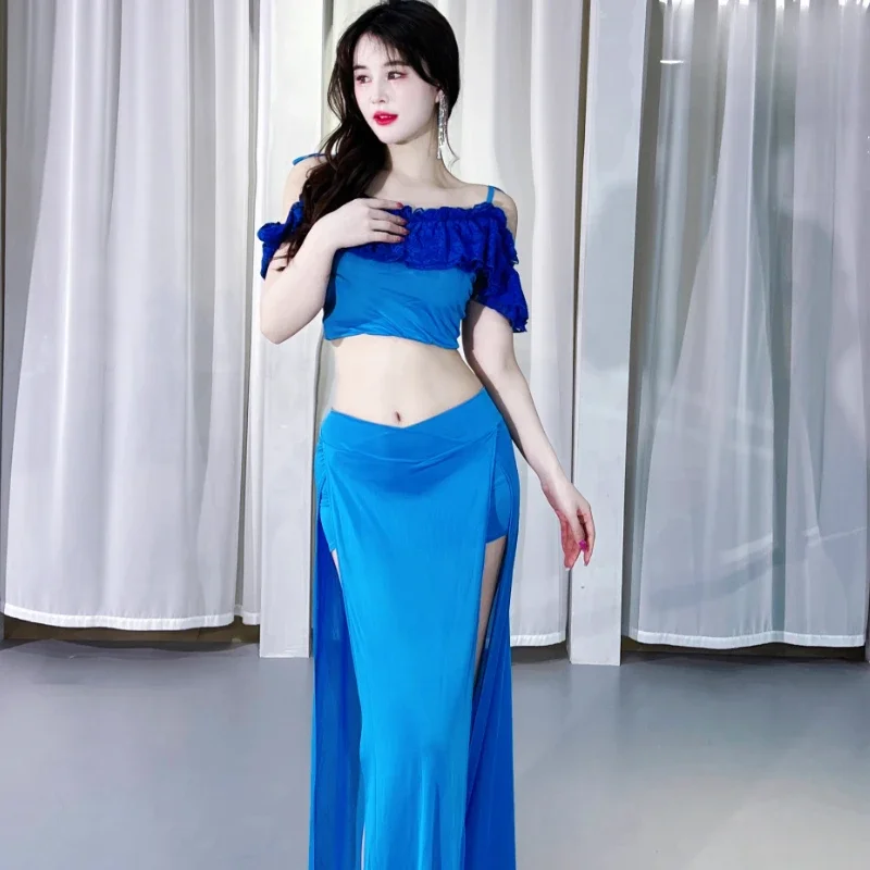Terno de treinamento de dança do ventre malha renda superior + sexy divisão saia longa 2 pçs feminino dança oriental roupas de prática profissional