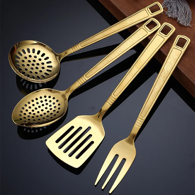 Stainless Steel Kitchen Gold Cooking Utensils Hollow Shovel Spatula Large Salad Spoon Fork Stirring Serving Tableware