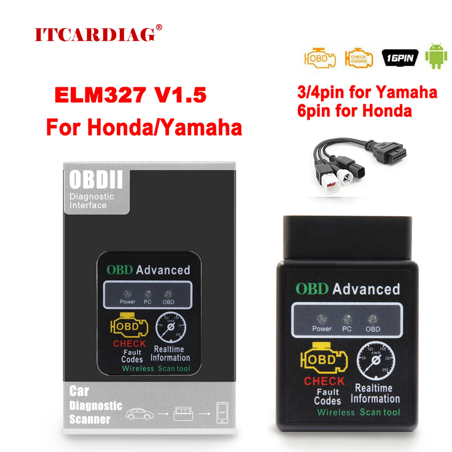 

ELM327 V1.5 Bluetooth for Android for Yamaha y15 3PIN To 16PIN OBD2 Motorbike Motorcycle for Honda OBD Cable ELM 327 Fault Code