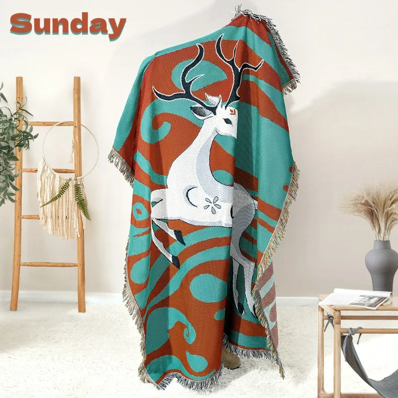 

Vintage White Deer Throw Blanket Weave Jacquard Artistic Tapestry Decor Outdoor Picnic Camping Blankets Sofa Cover Living Room