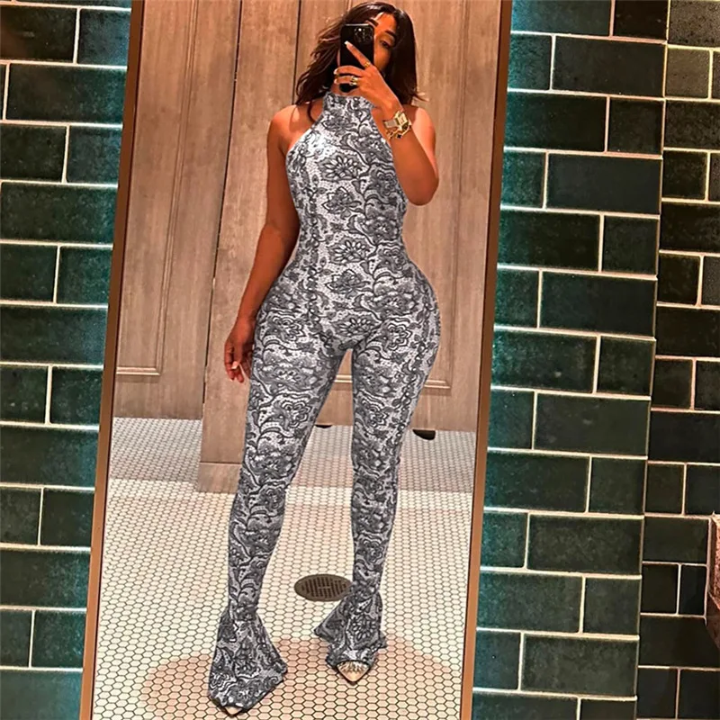 

Jumpsuit High Waist Rompers Print O Neck Jumpsuits Sleeveless Women Overalls Sexy Sheath Pencil Pants 2025 Summer Spliced