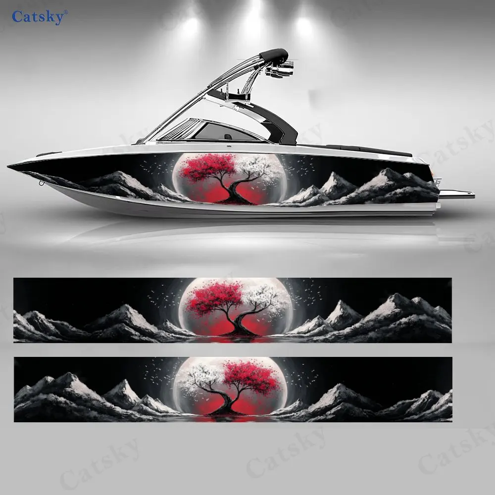 2Pcs Ink Wash Red Tree Moonlit Boat Stickers, PVC Waterproof Vinyl Wrap Decals for Fishing Boats, Durable and Stylish Design