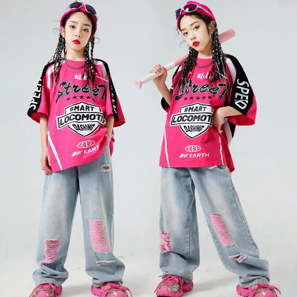 

Kids Kpop Hip Hop Set Model Runway Performance Costumes Denim Casual Pants Girls Jazz Dance Clothing Street Dance Suit