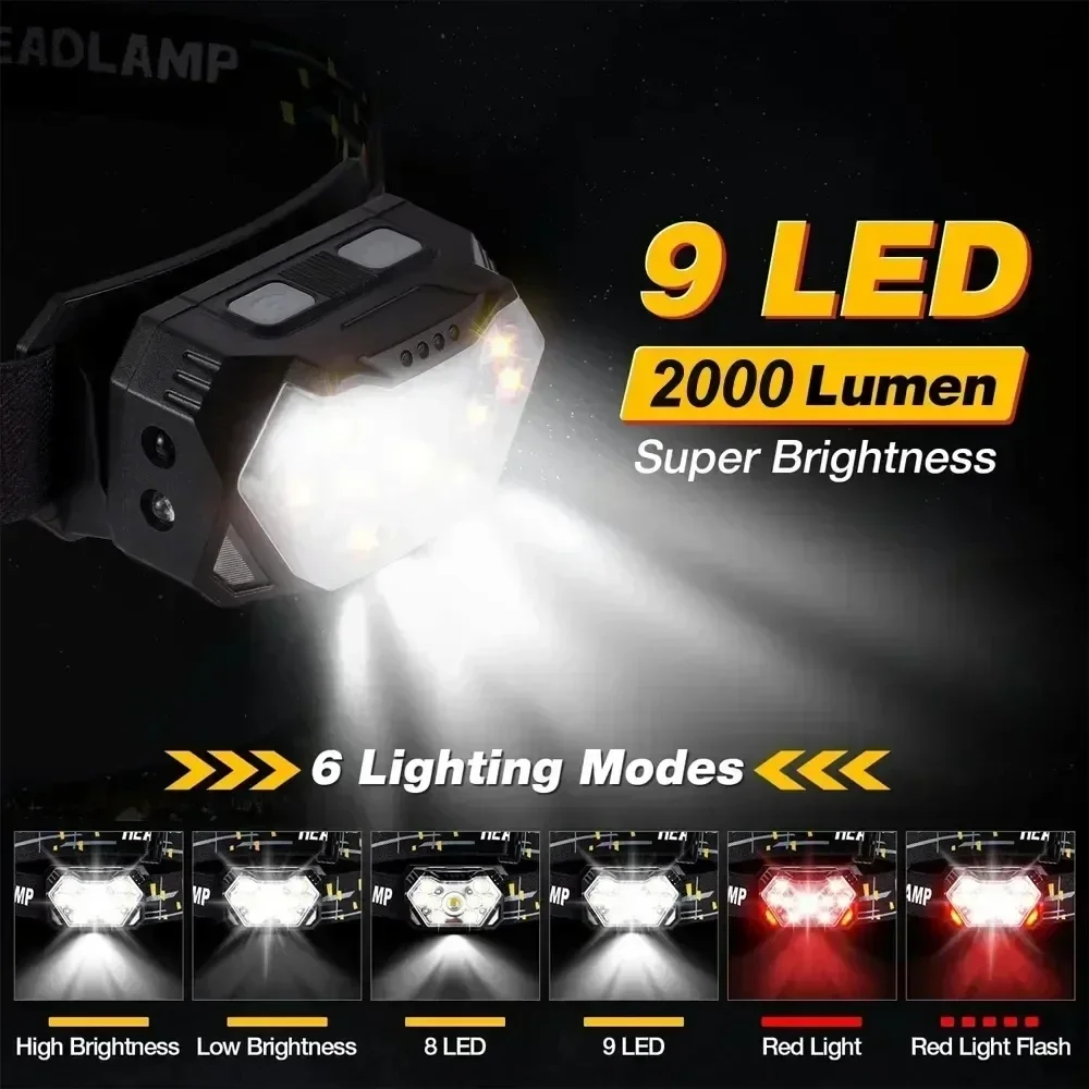 2000 Lumen Led  USB Rechargeable Headlamp Motion Sensor HeadLight Waterproof Head Flashlights Outdoor Camping Fishing Head Lamp