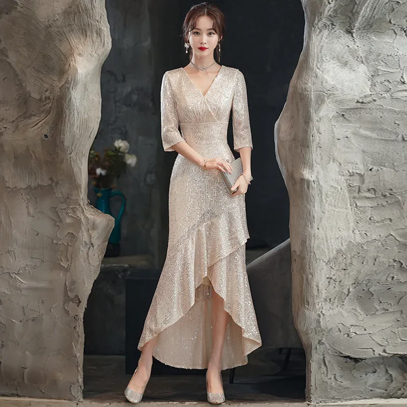 

Customized Silver Girls Cocktail Dresses With Half Sleeves Slim Asymmetrical Design Luxury Cocktail Party Gown 2025 MYX004