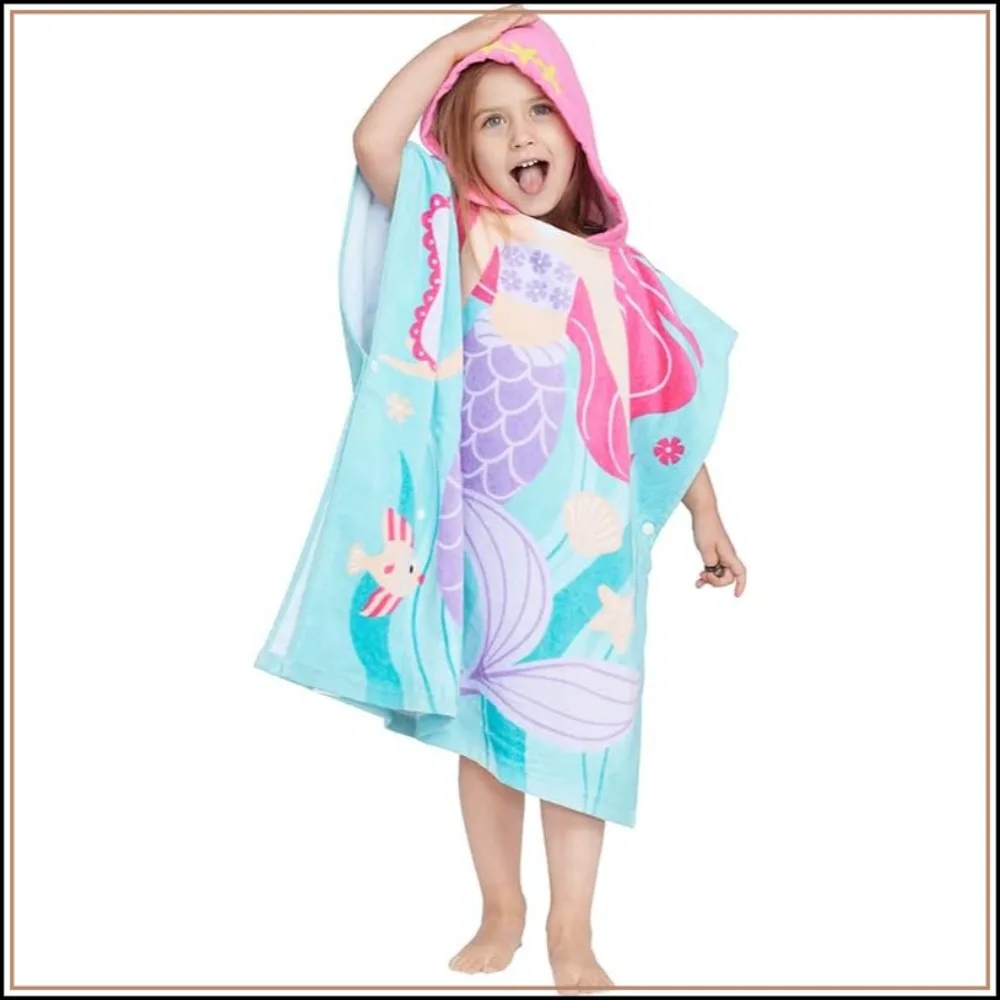 100% Cotton Hooded Towel for Toddlers 2-6 Years, Soft Absorbent Bath Pool Beach Poncho Little Mermaid