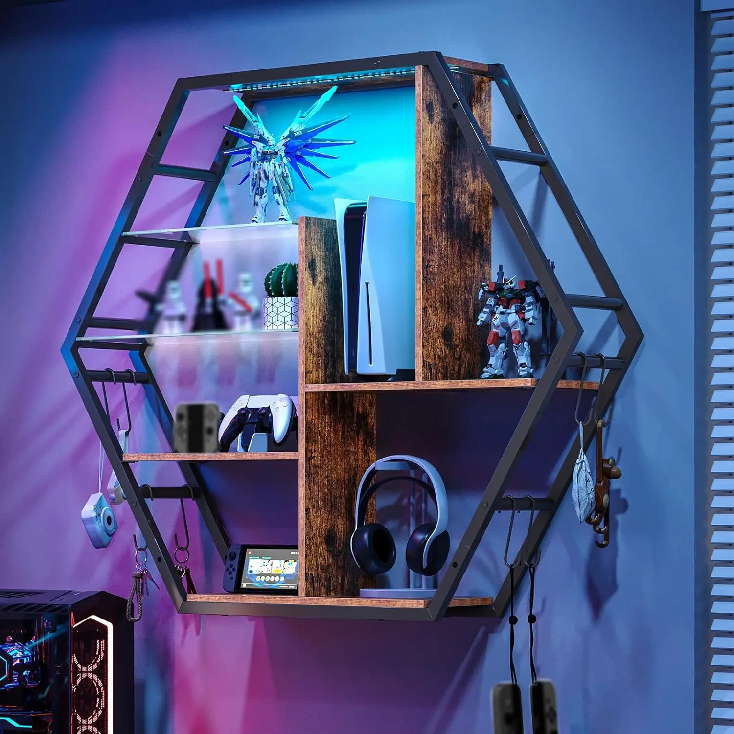 

Плавающие полки со светодиодной подсветкой, настенный декор для игровой комнаты, барные полки с крючками, прочные, в деревенском стиле, коричневые